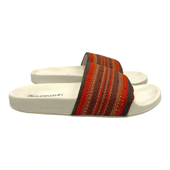 Zimmermann Beach Stripe Woven Raffia Pool Slides Red and Orange Sandals Women 39 - Picture 6 of 16